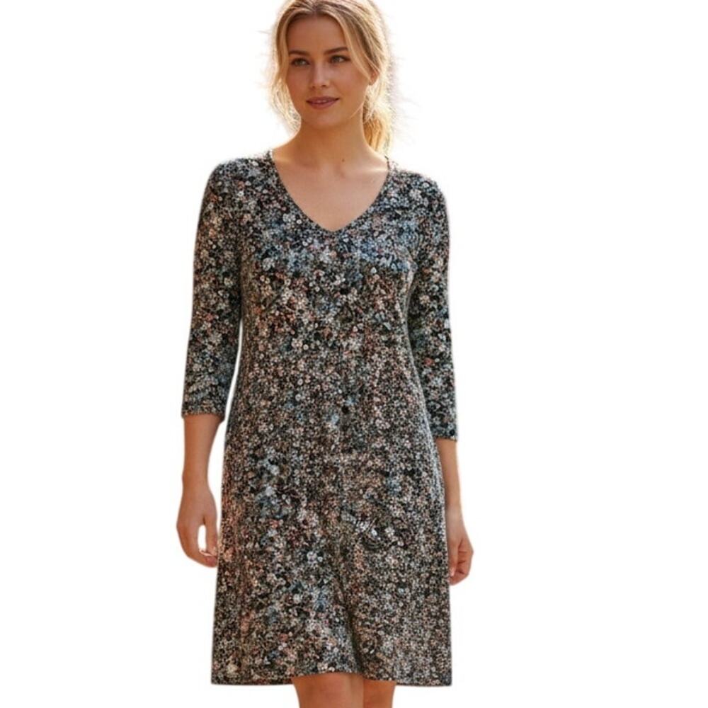 J. Jill Knit Shift Dress Womens Medium Black Blue Olive Ditsy Floral V-Neck